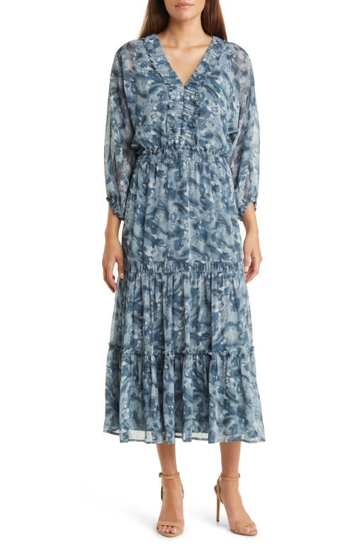 Mila Mae Chiffon Tiered Midi Dress in Navy Print