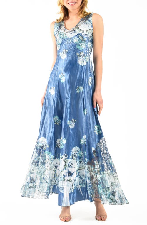 Floral Lace-Up Charmeuse Maxi Dress in Sapphire Blue Roses