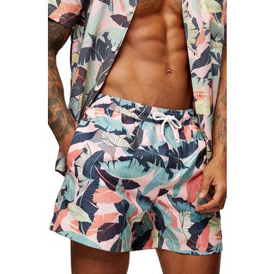Topman Palm Print Swim Trunks, Pink