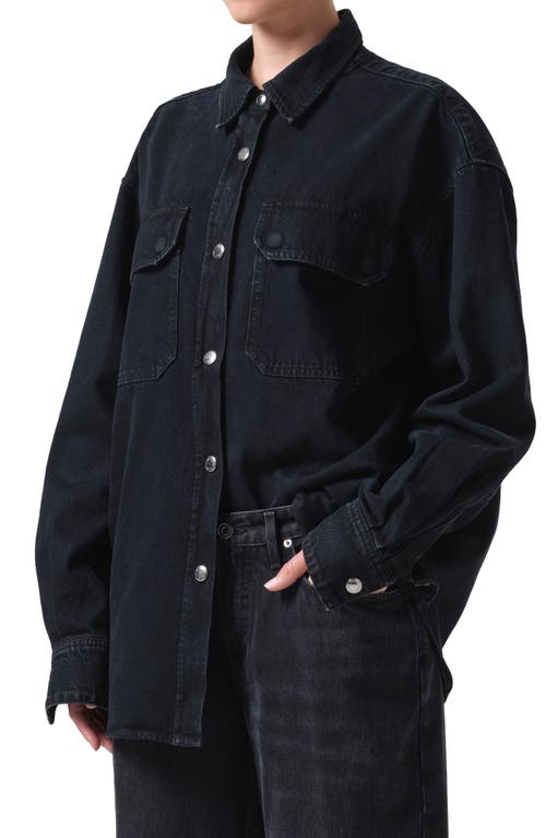 Camryn Oversize Snap Front Denim Shirt in Crushed