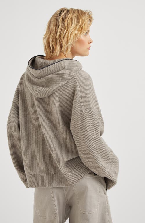 Shop Brunello Cucinelli Cashmere English Rib Knit Hooded Sweater With Shiny Detail In Cool Beige