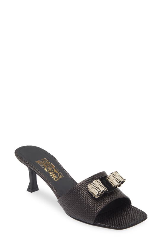 Shop Ferragamo Vara Woven Bow Kitten Heel Slide Sandal In Black