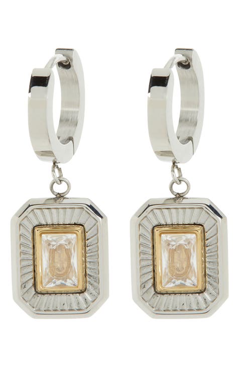 Two-Tone CZ Stone Dangle Hoop Earring