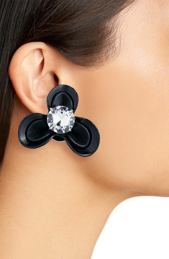 Shop Area Leather & Crystal Flower Stud Clip-on Earrings In Black/ Silver