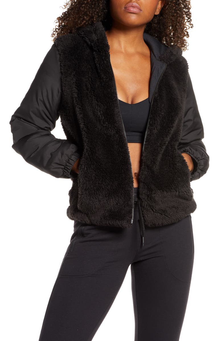 ZELLA Hooded Faux Shearling Bomber Jacket, Main, color, BLACK