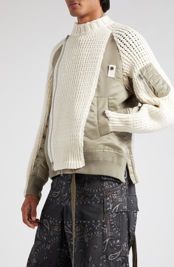 Sacai Wool Knit & Nylon Twill Bomber Jacket | Nordstrom