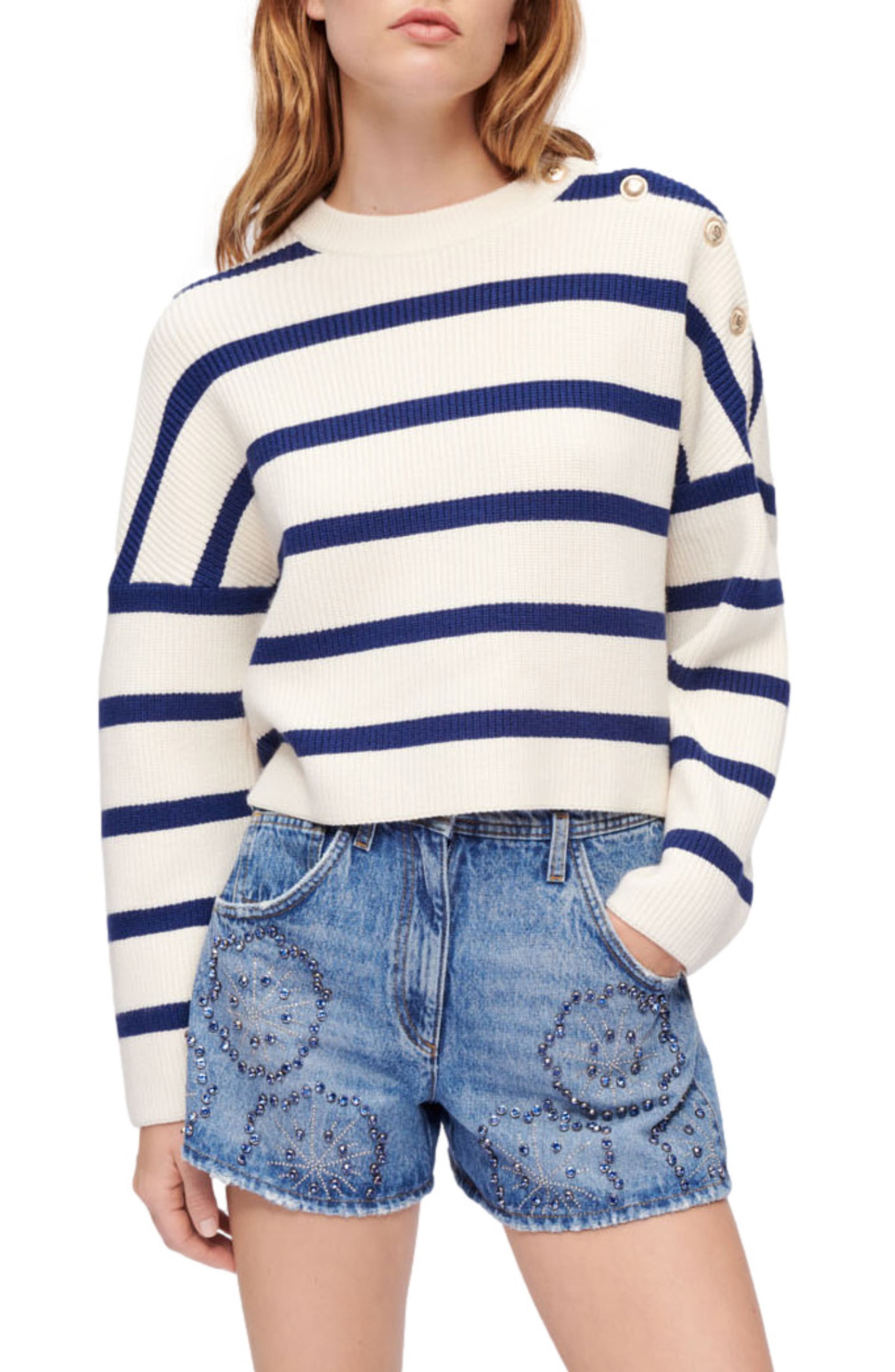 Maje Marin Breton Stripe Button Accent Crewneck Sweater in Ecru/Navy Blue