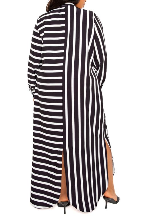 Shop Buxom Couture Long Sleeve Button-up Maxi Shirtdress In Black Stripe