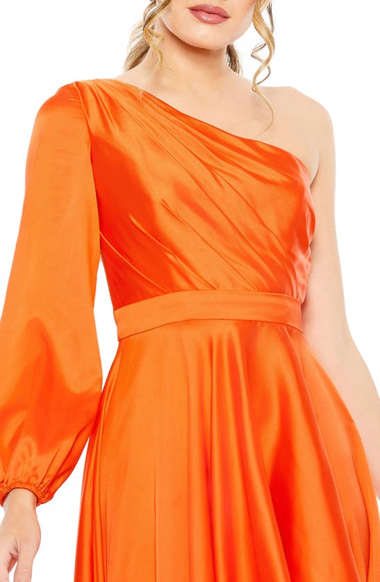 Shop Mac Duggal One-shoulder Single Long Sleeve High-low Gown In Orange