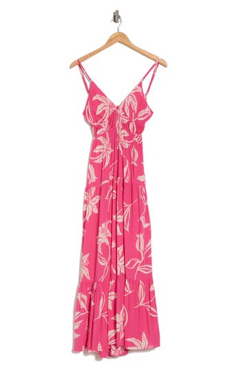 Shop Angie Floral Print Sleeveless Tiered Maxi Dress In Fuchsia