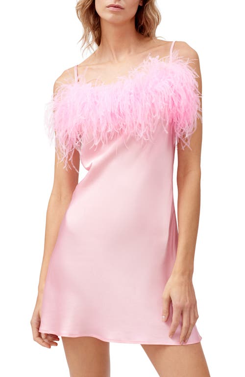 Sleeper Boheme Feather Trim Satin Nightgown in Pink