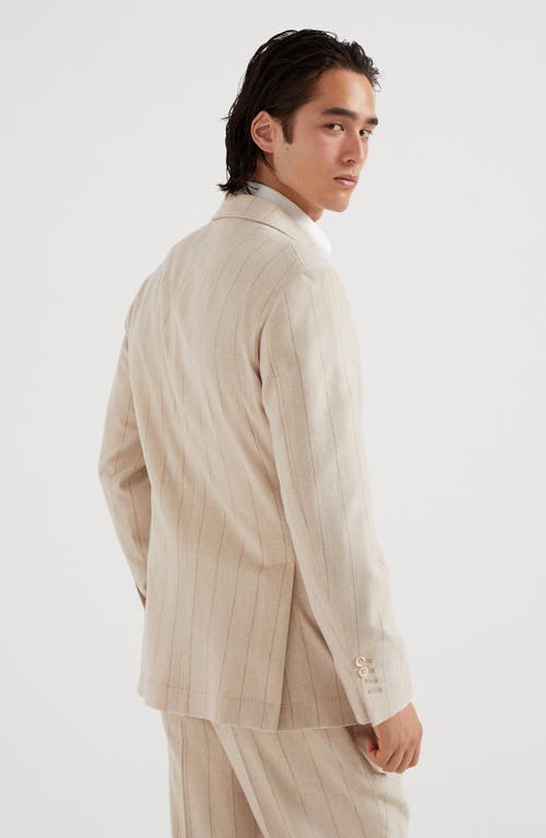 Shop Brunello Cucinelli Wool And Cashmere Wide Chalk Stripe Combed Flannel One-and-a-half Breasted Decons In Sand