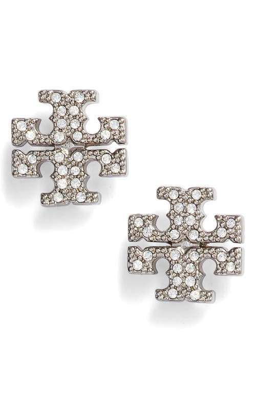 Shop Tory Burch Crystal Logo Stud Earrings In Tory Silver/crystal