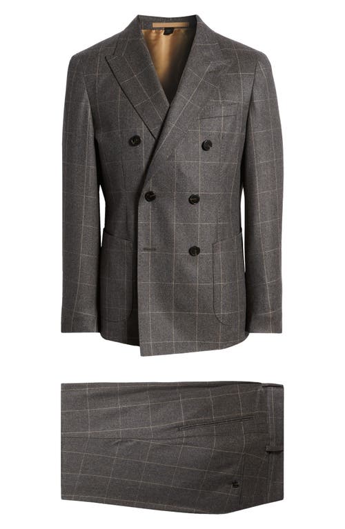 Heston Windowpane Double Breasted Wool Suit in Medium Grey