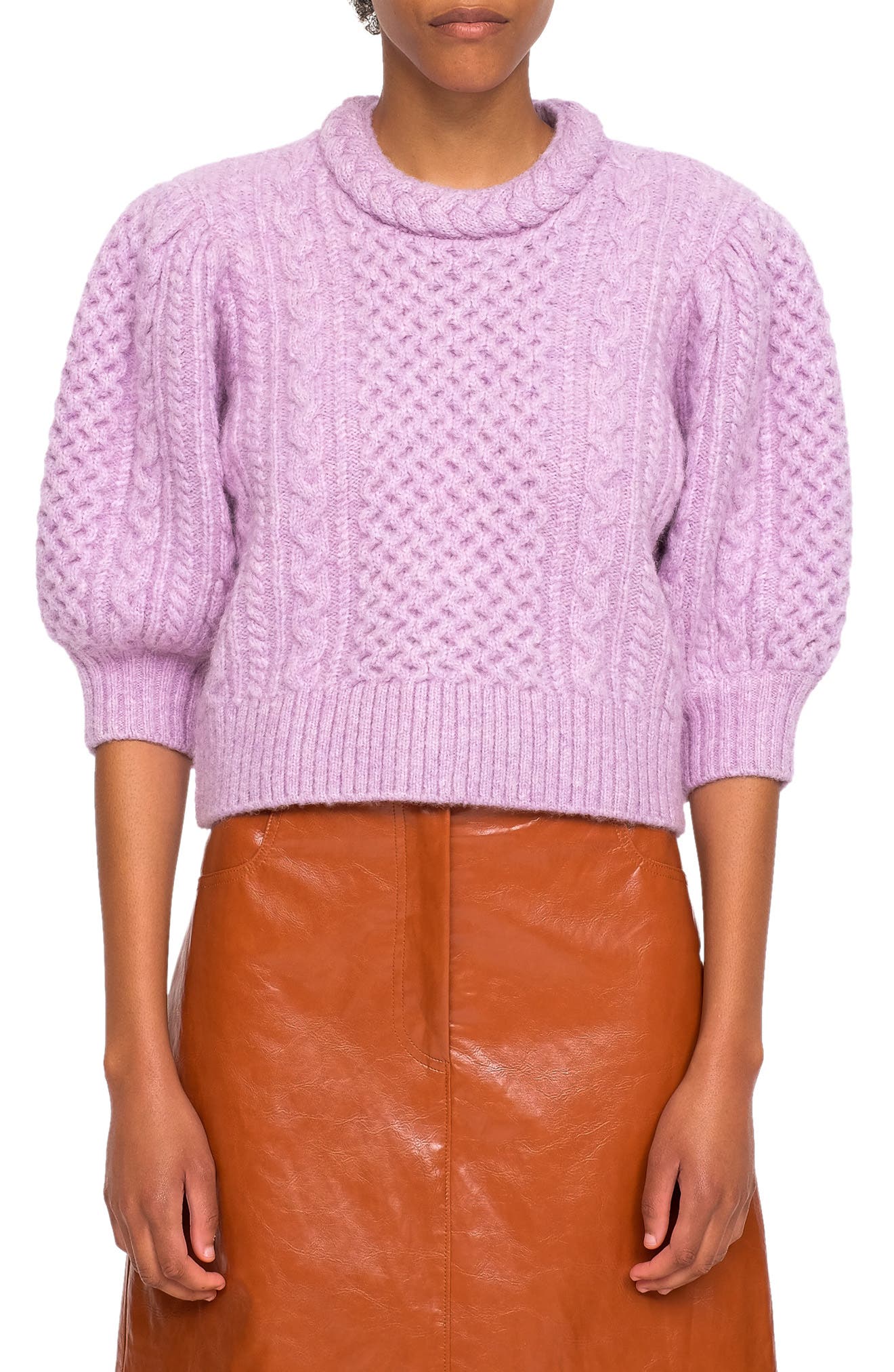 Sea Ebba Puff Sleeve Cable Knit Merino Wool Blend Sweater in Lilac at Nordstrom