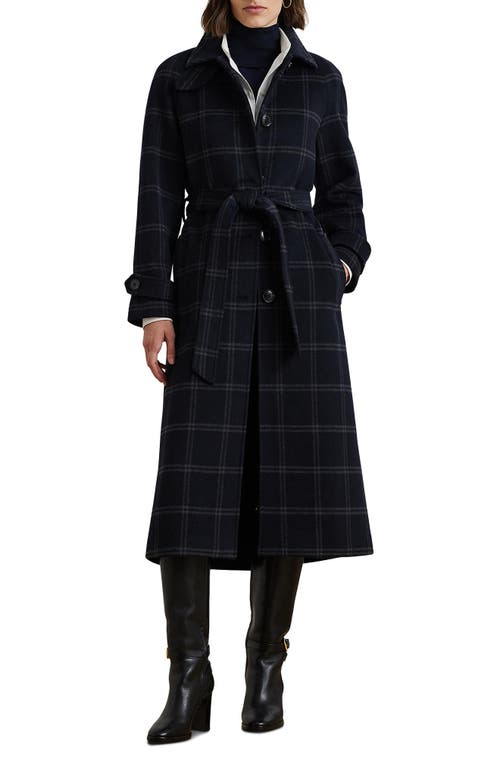 Shop Lauren Ralph Lauren Windowpane Plaid Wool Blend Coat In Navy Blue/grey Windowpane