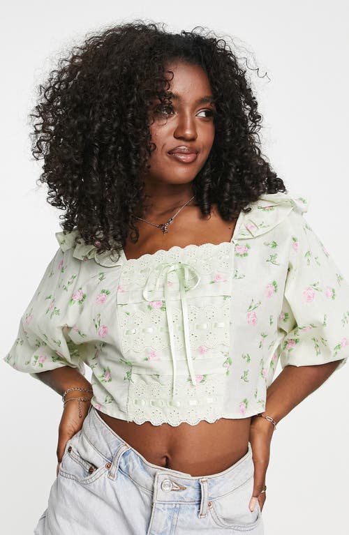ASOS DESIGN Floral Puff Sleeve Cotton Crop Top in Green Multi