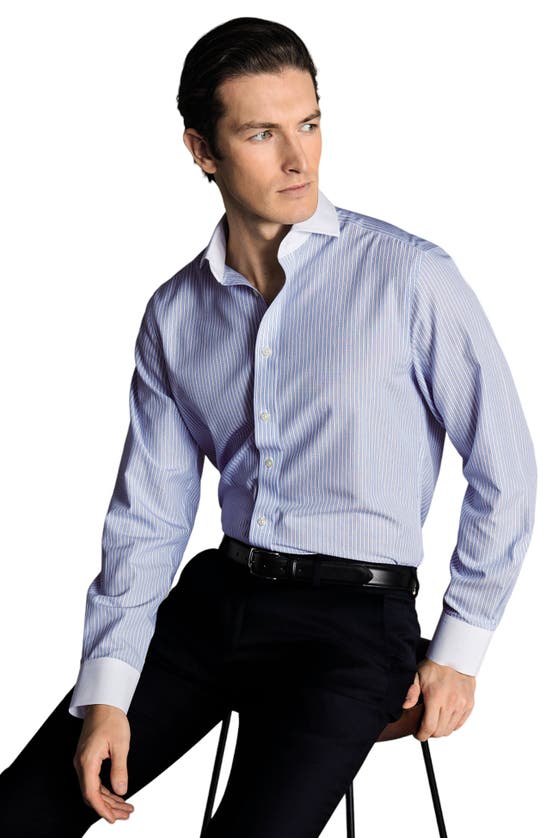 Shop Charles Tyrwhitt Winchester Guard Stripe Non-iron Poplin Slim Fit Shirt Single Cuff In Cornflower Blue