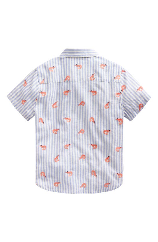 Shop Mini Boden Kids' Stripe Prawn Embroidered Short Sleeve Linen & Cotton Button-down Shirt In Surf Blue Stripe Prawns