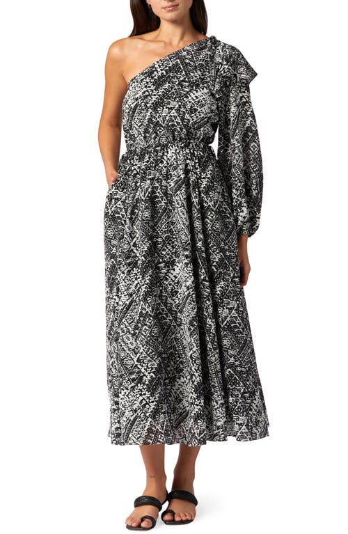 Joie June Ikat Print One-shoulder Silk Dress In Porcelain And Caviar