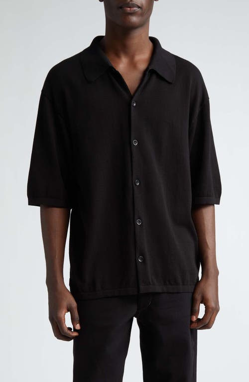 Short Sleeve Cotton Knit Button-Up Shirt in Black