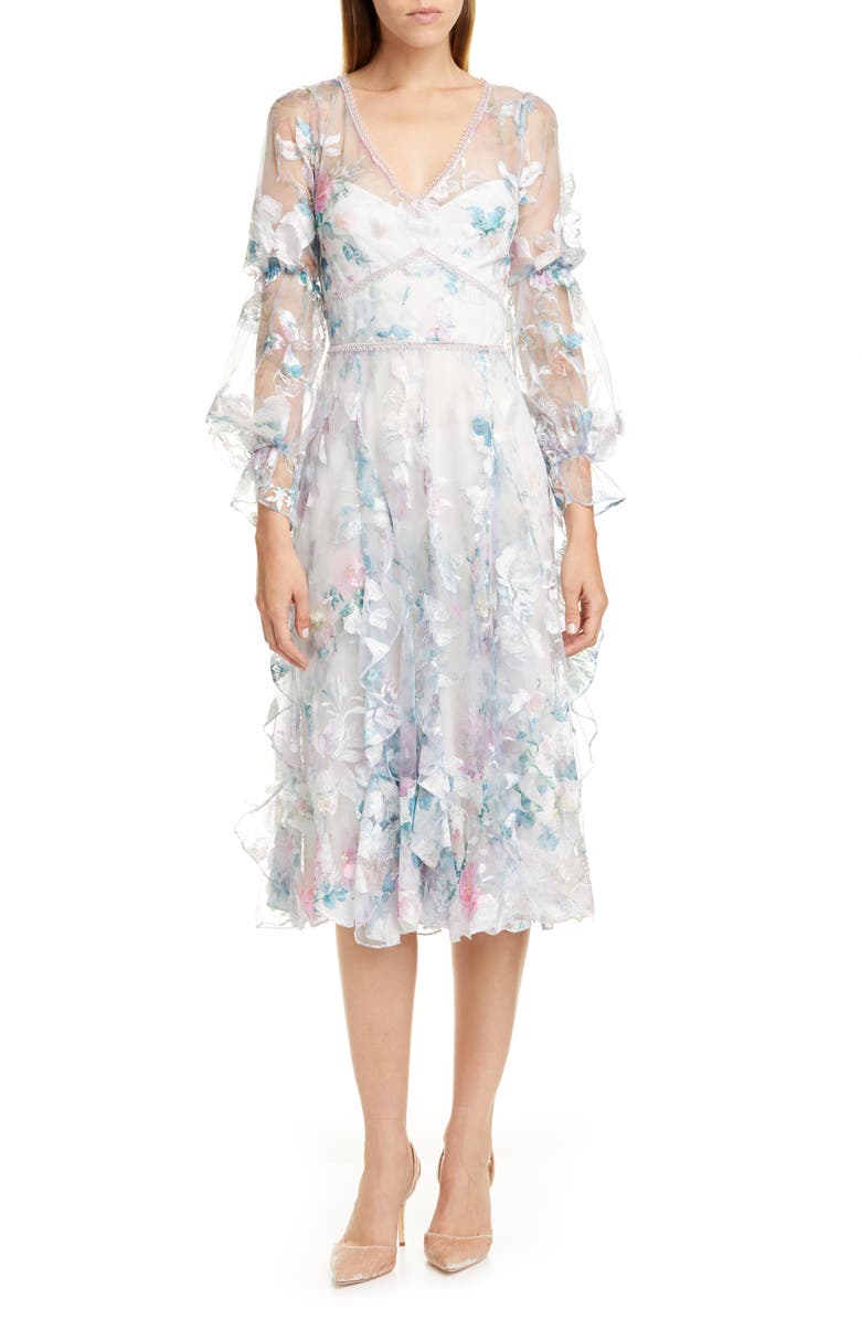Marchesa Notte Embroidered Long Sleeve Tulle Midi Dress | Nordstrom