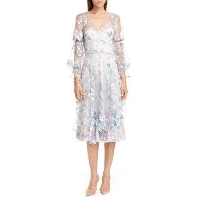 Marchesa Notte Embroidered Long Sleeve Tulle Midi Dress, Ivory