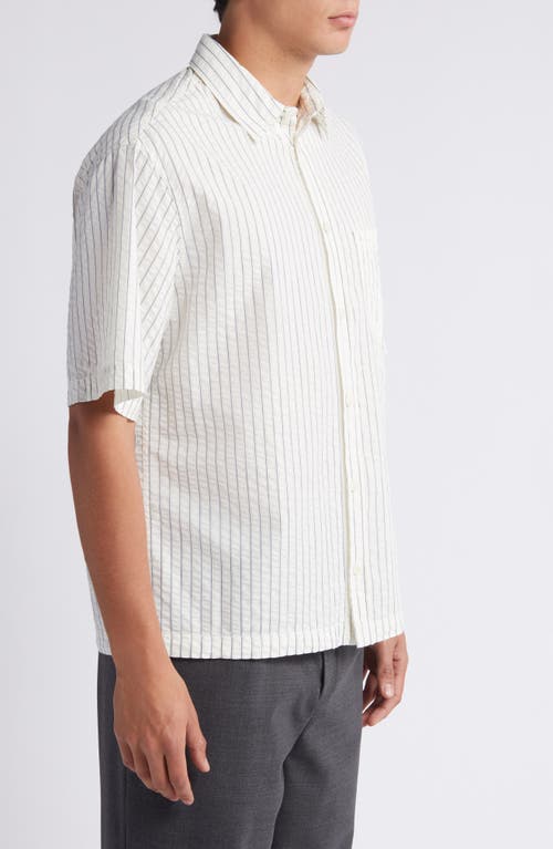 Shop Wax London Kew Stripe Short Sleeve Seersucker Button-up Shirt In White/blue