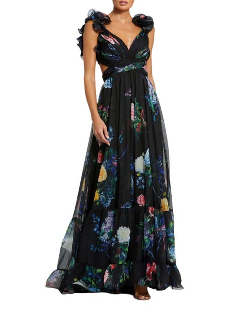 Mac Duggal Ruffle Tiered Floral Cut-out Chiffon Gown In Black Multi