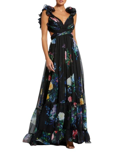 Mac Duggal Ruffle Tiered Floral Cut-Out Chiffon Gown in Black Multi 