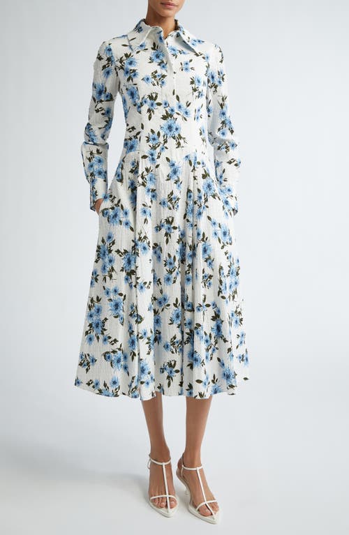 Shop Emilia Wickstead Jancine Dahlia Print Clip Dot Long Sleeve Seersucker Dress In Small Dahlia Baby Blue