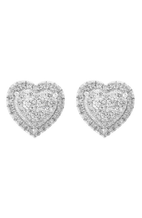 14K White Gold Diamond Heart Stud Earrings - 0.84ct.