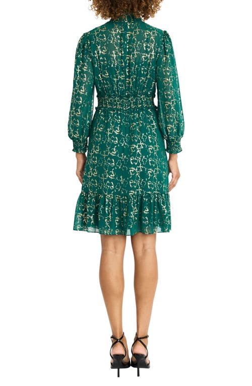 Shop Maggy London Metallic Print Long Sleeve Dress In Emerald/gold