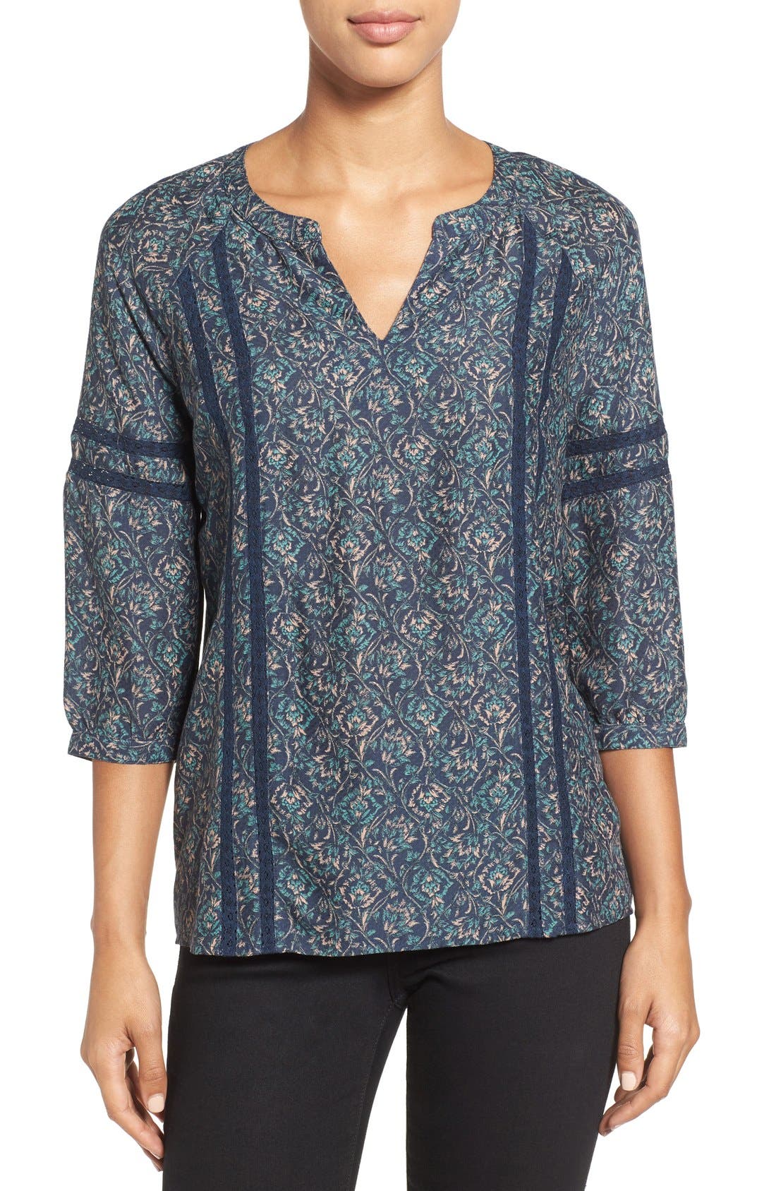 Caslon® Lace Inset Print Peasant Blouse (Regular & Petite) Nordstrom