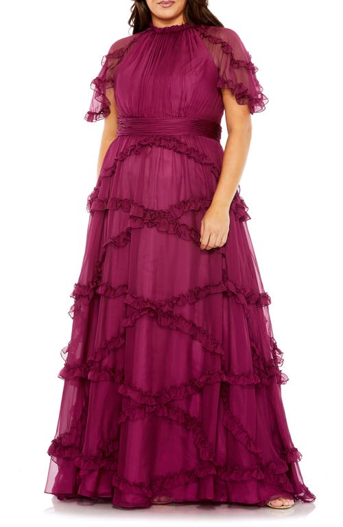 Ruffle Flutter Sleeve Tiered A-Line Gown in Raspberry