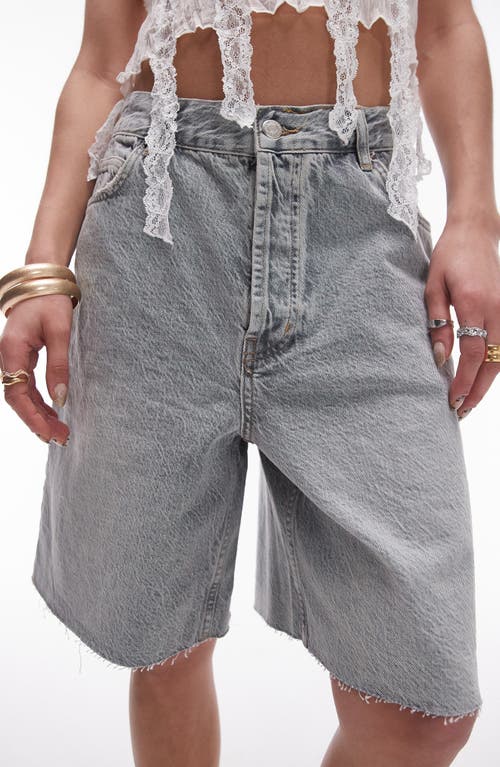 Shop Topshop Raw Hem Loose Fit Denim Shorts In Grey