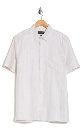 Shop Ted Baker London Lytham Regular Fit Stripe Short Sleeve Cotton Button-up Shirt In Stone