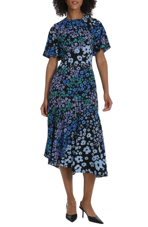 Maggy London Floral Flutter Sleeve Midi Dress in Black/Blue at Nordstrom, Size 10