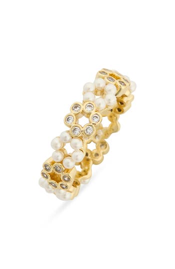 Covet Faux Pearl & Cz Flower Band Ring In White