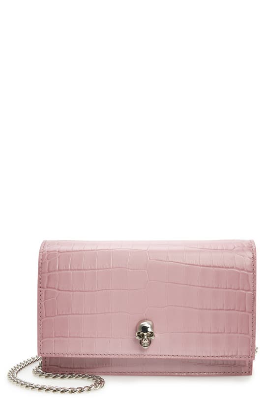 Alexander Mcqueen Women's Mini Skull Croc-embossed Leather Shoulder Bag In Antic Pink