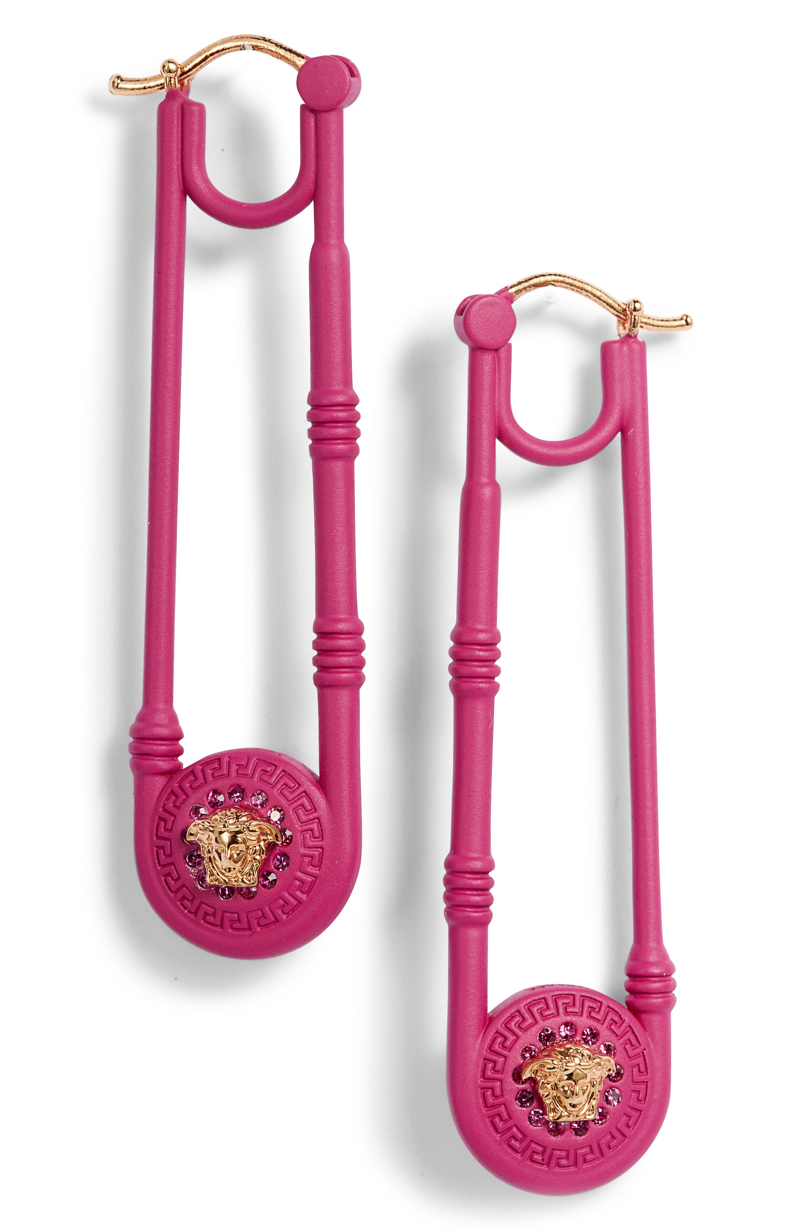 Versace Safety Pin Drop Earrings in Versace Gold-Cerise
