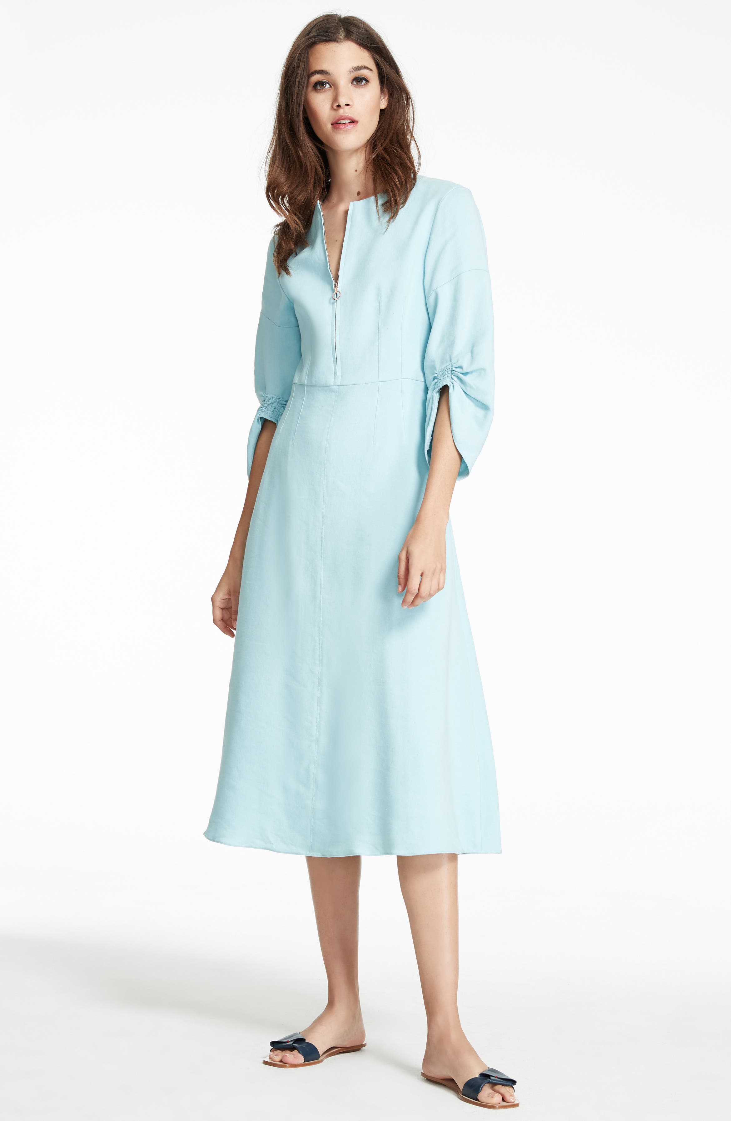 Tibi Marta Smocked Sleeve Linen Blend Midi Dress | Nordstrom