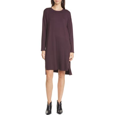 Petite Eileen Fisher Long Sleeve Drop Tail Hem Shift Dress, Purple