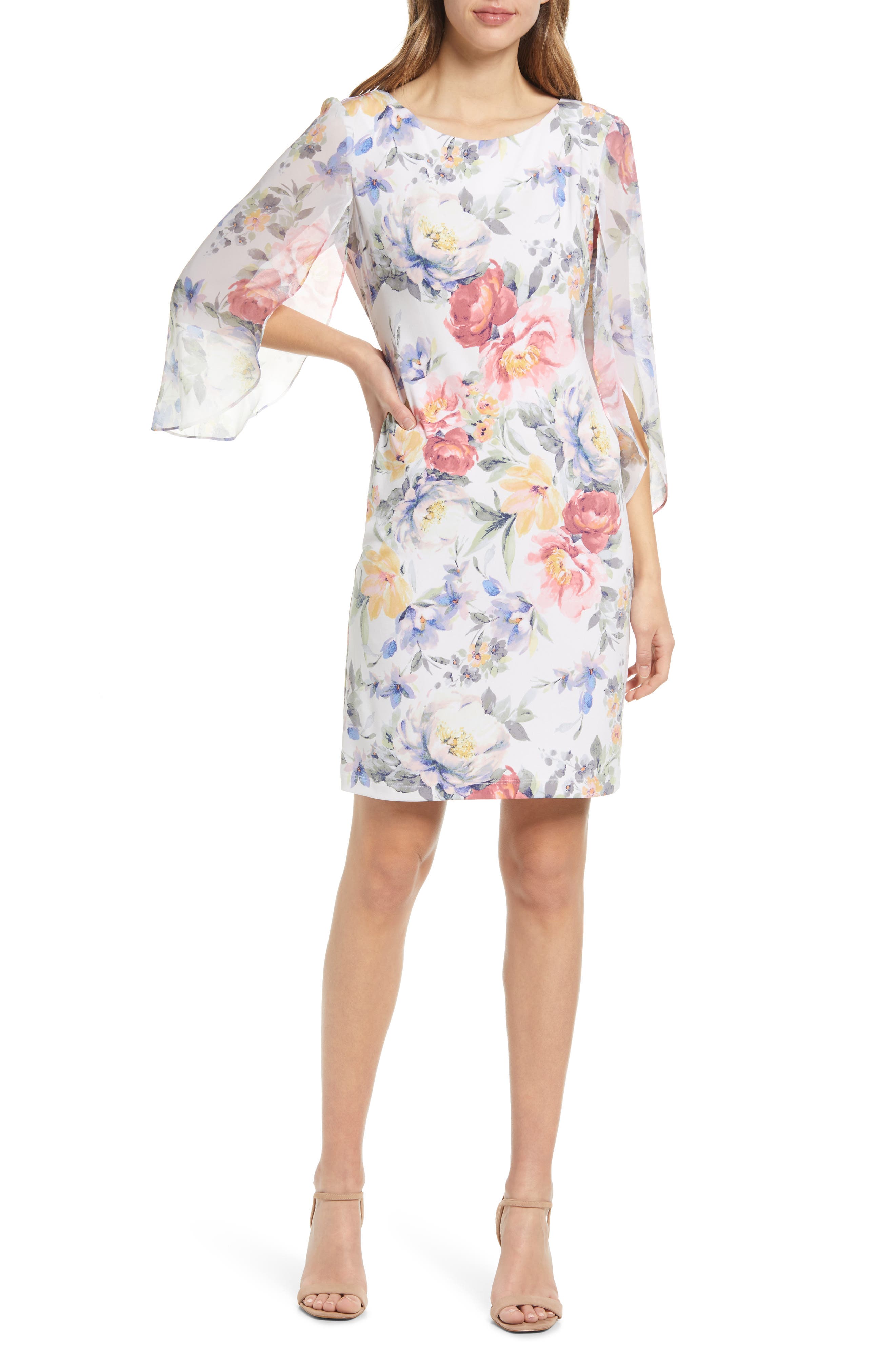 Connected Apparel Floral Cape Sleeve Sheath Dress in Ivory/Carnation