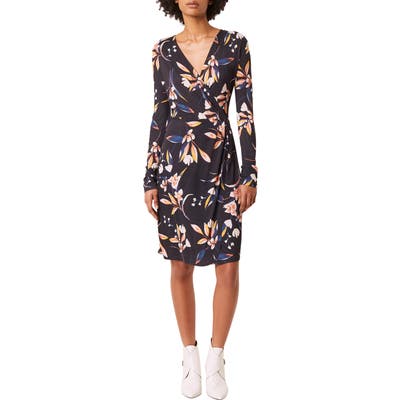 French Connection Raquel Floral Long Sleeve Faux Wrap Dress, Blue