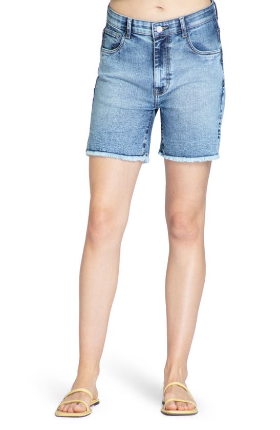 Shop Apny Fray Hem Cutoff Denim Shorts In Medium Indigo