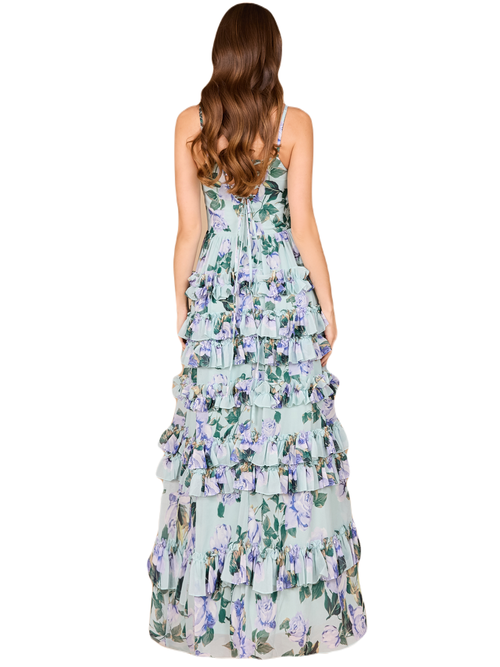 Lara New York Ruffle Skirt Printed Gown With Spaghetti Straps In Mint