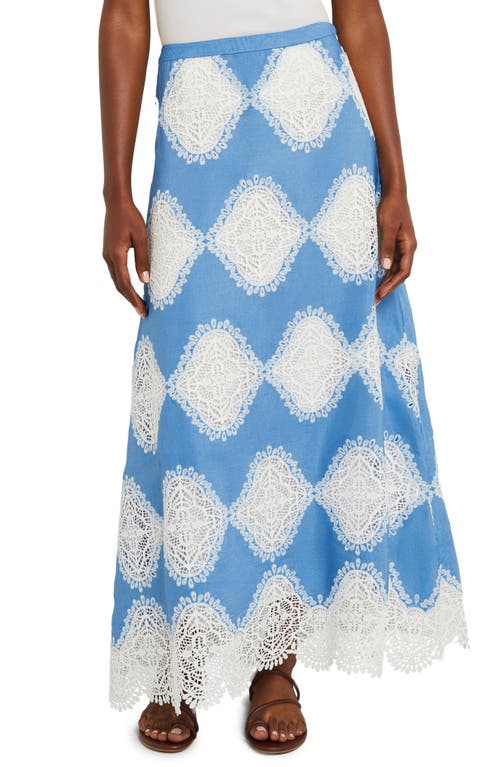 Lace Inset Maxi Skirt in Blue/white