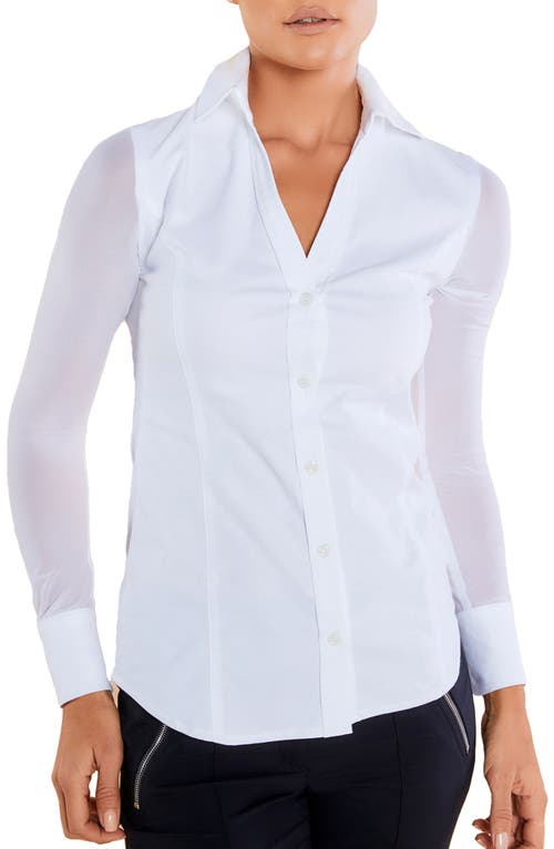 ANATOMIE Beth Sheer Sleeve Fitted Button-Up Shirt in White