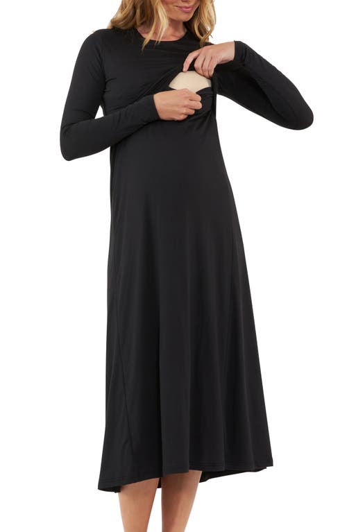 Shop Ripe Maternity Long Sleeve Midi Maternity/nursing Dress In Black